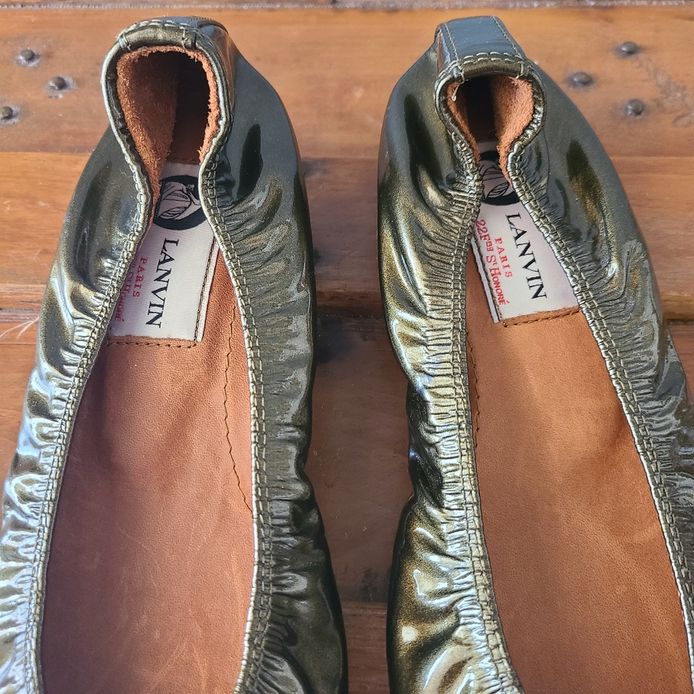 Lanvin Women Patent Leather Kaki Ballet Flat  Size 37 1/2 - Picture 13 of 14